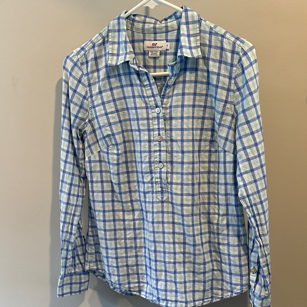 Vineyard‎ Vines 4 White/Blue/Mint Green Plaid Popover Linen-Blend Shirt